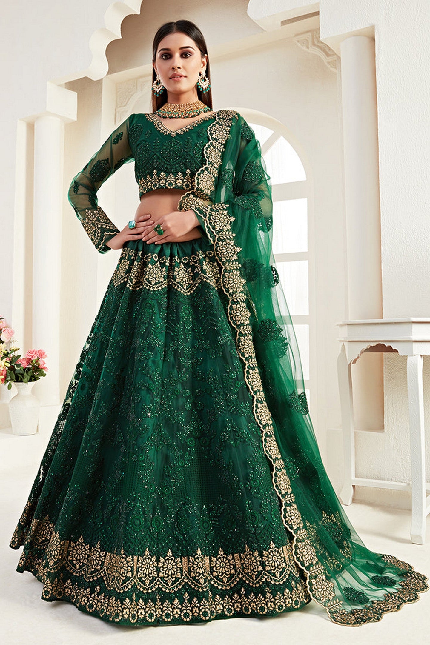 Green Pakistani Net Lehenga Choli For Indian Festivals & Weddings - Thread Embroidery Work, Codding Embroidery Work, Butta Work, Stone Work