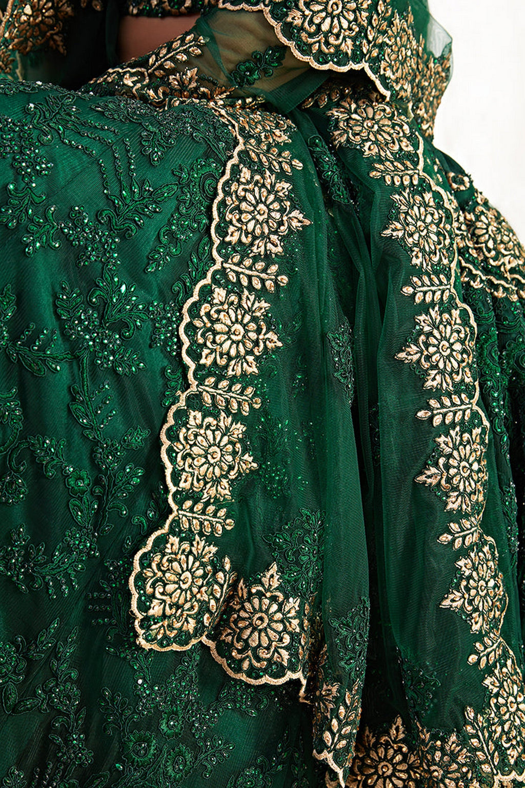 Green Pakistani Net Lehenga Choli For Indian Festivals & Weddings - Thread Embroidery Work, Codding Embroidery Work, Butta Work, Stone Work