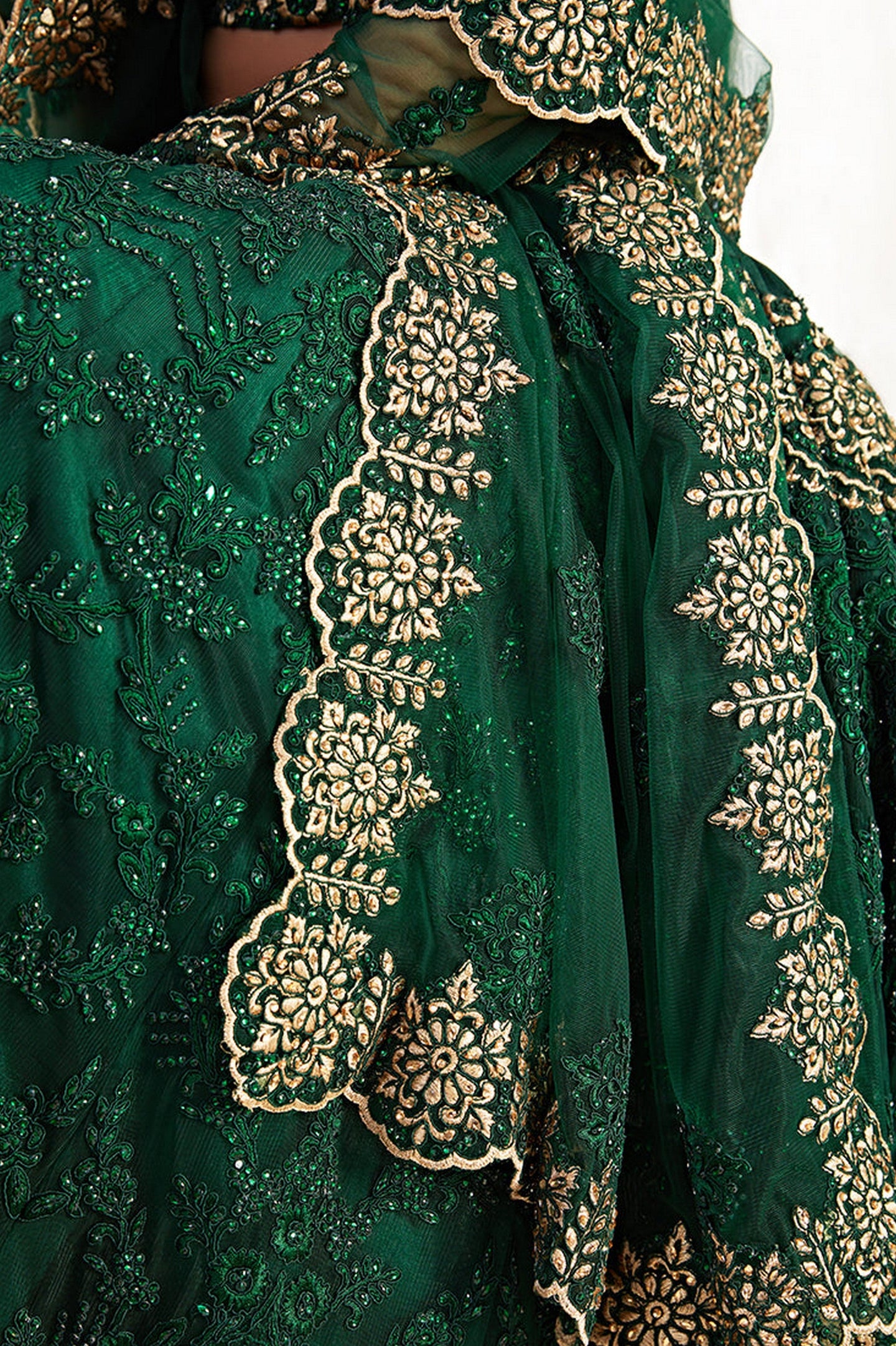 Green Pakistani Net Lehenga Choli For Indian Festivals & Weddings - Thread Embroidery Work, Codding Embroidery Work, Butta Work, Stone Work
