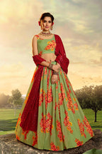Green Pakistani Organza Lehenga Choli For Indian Festival & Weddings - Print Work, Sequence Embroidery Work,