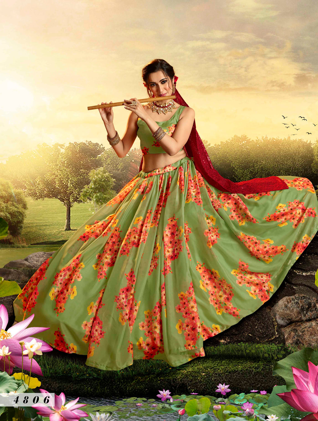 Green Pakistani Organza Lehenga Choli For Indian Festival & Weddings - Print Work, Sequence Embroidery Work,