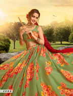 Green Pakistani Organza Lehenga Choli For Indian Festival & Weddings - Print Work, Sequence Embroidery Work,