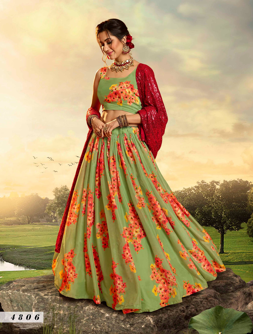 Green Pakistani Organza Lehenga Choli For Indian Festival & Weddings - Print Work, Sequence Embroidery Work,