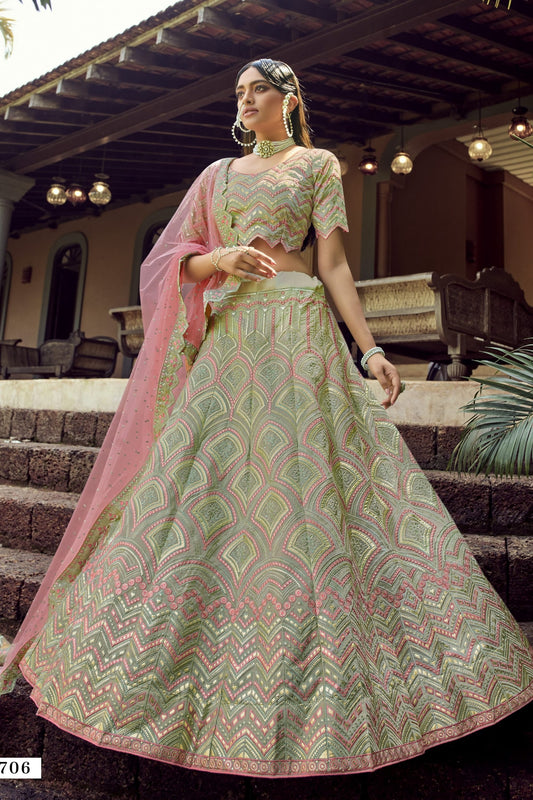 Green Pakistani Organza Lehenga Choli For Indian Festivals & Weddings - Resham Embroidery Work,