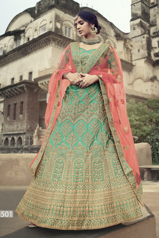 Green Pakistani Satin Lehenga Choli For Indian Festivals & Weddings - Thread Embroidery Work, Stone Work, Zari Work, Dori Work