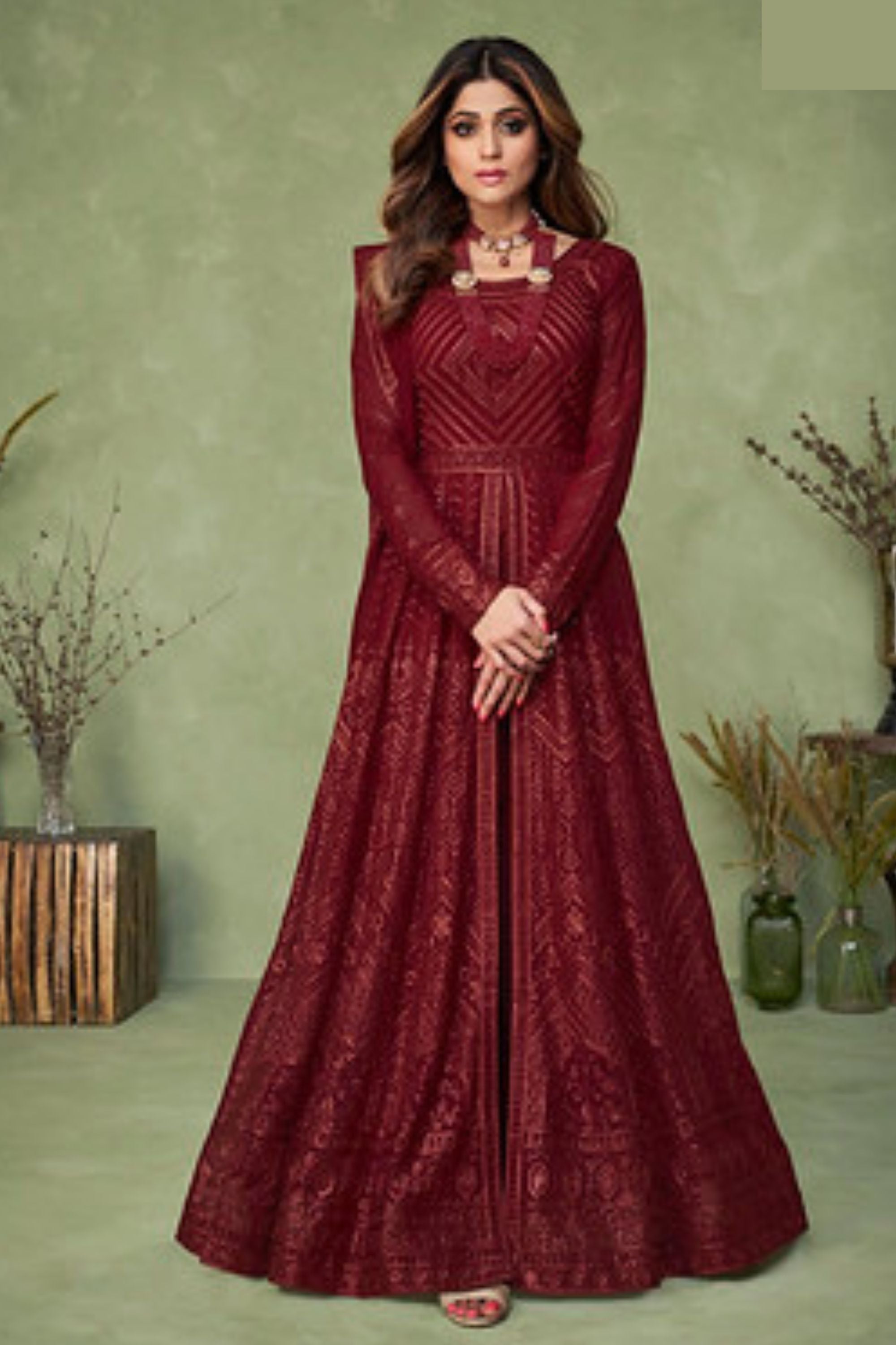 Deep Maroon Color Party Wear Gown