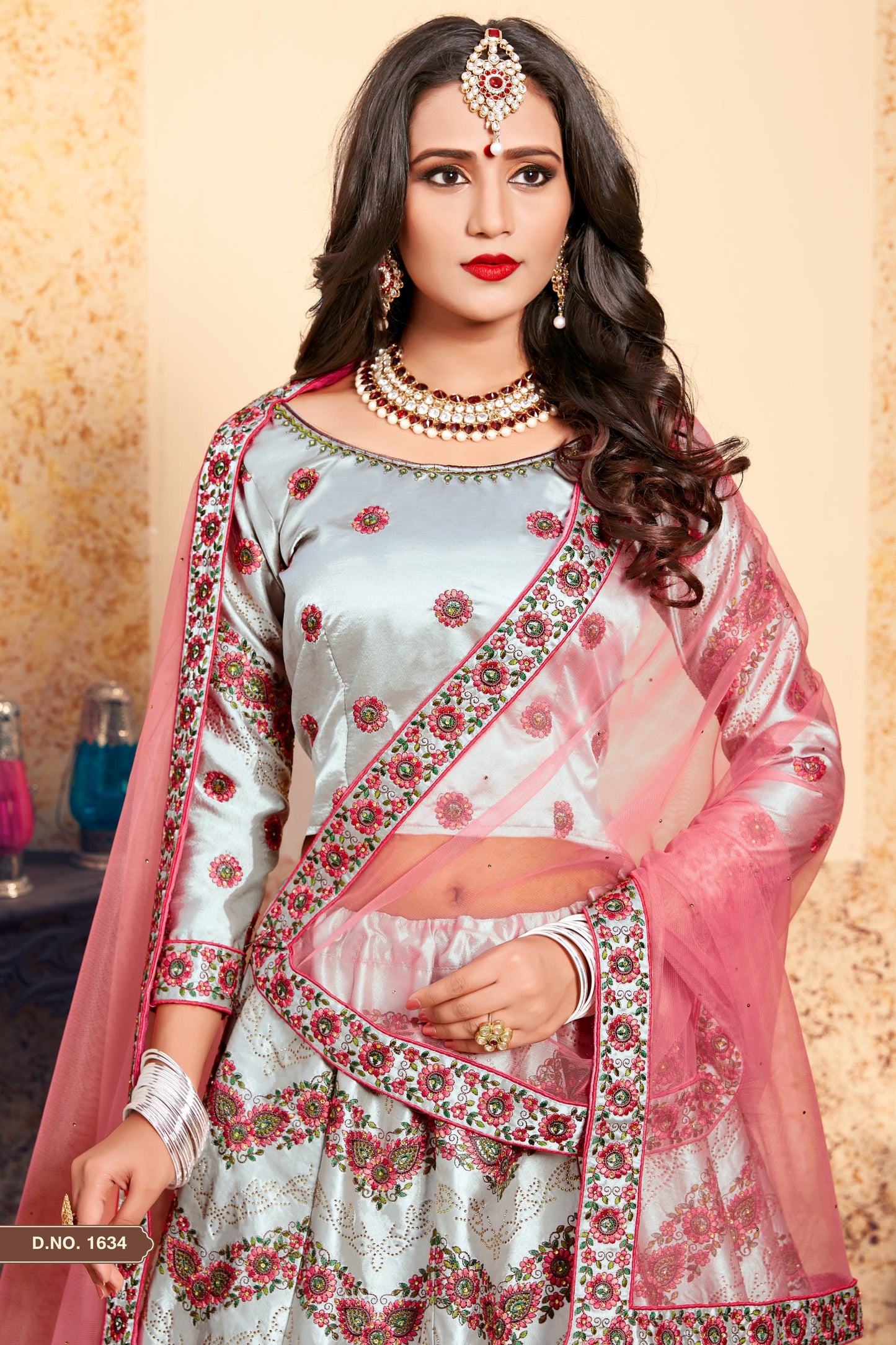 Grey Pakistani Satin Lehenga Choli For Indian Festivals & Weddings - Thread Embroidery Work, Stone Work, Swarovski Work