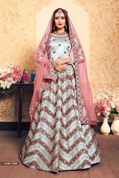 Grey Pakistani Satin Lehenga Choli For Indian Festivals & Weddings - Thread Embroidery Work, Stone Work, Swarovski Work