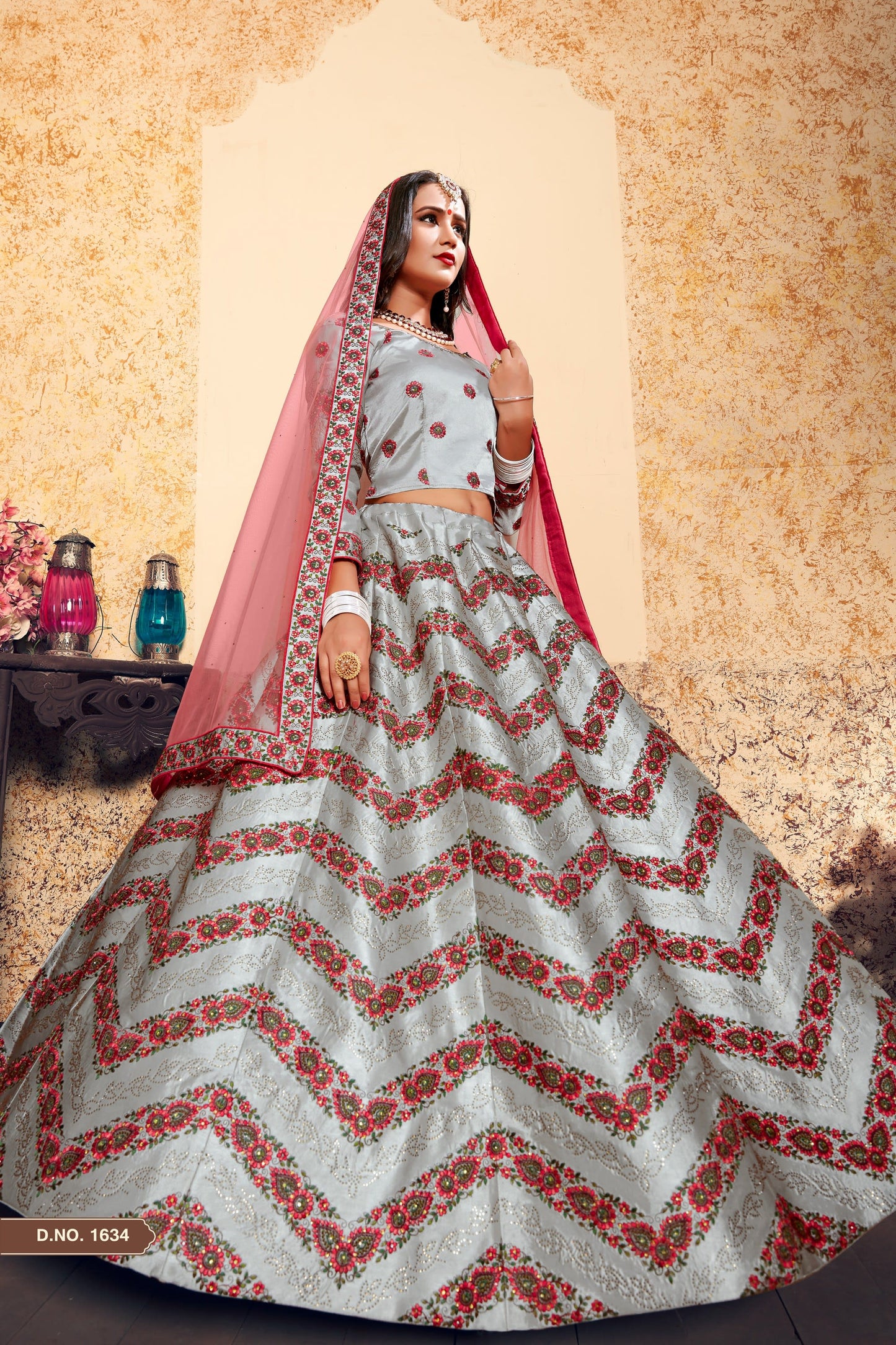 Grey Pakistani Satin Lehenga Choli For Indian Festivals & Weddings - Thread Embroidery Work, Stone Work, Swarovski Work