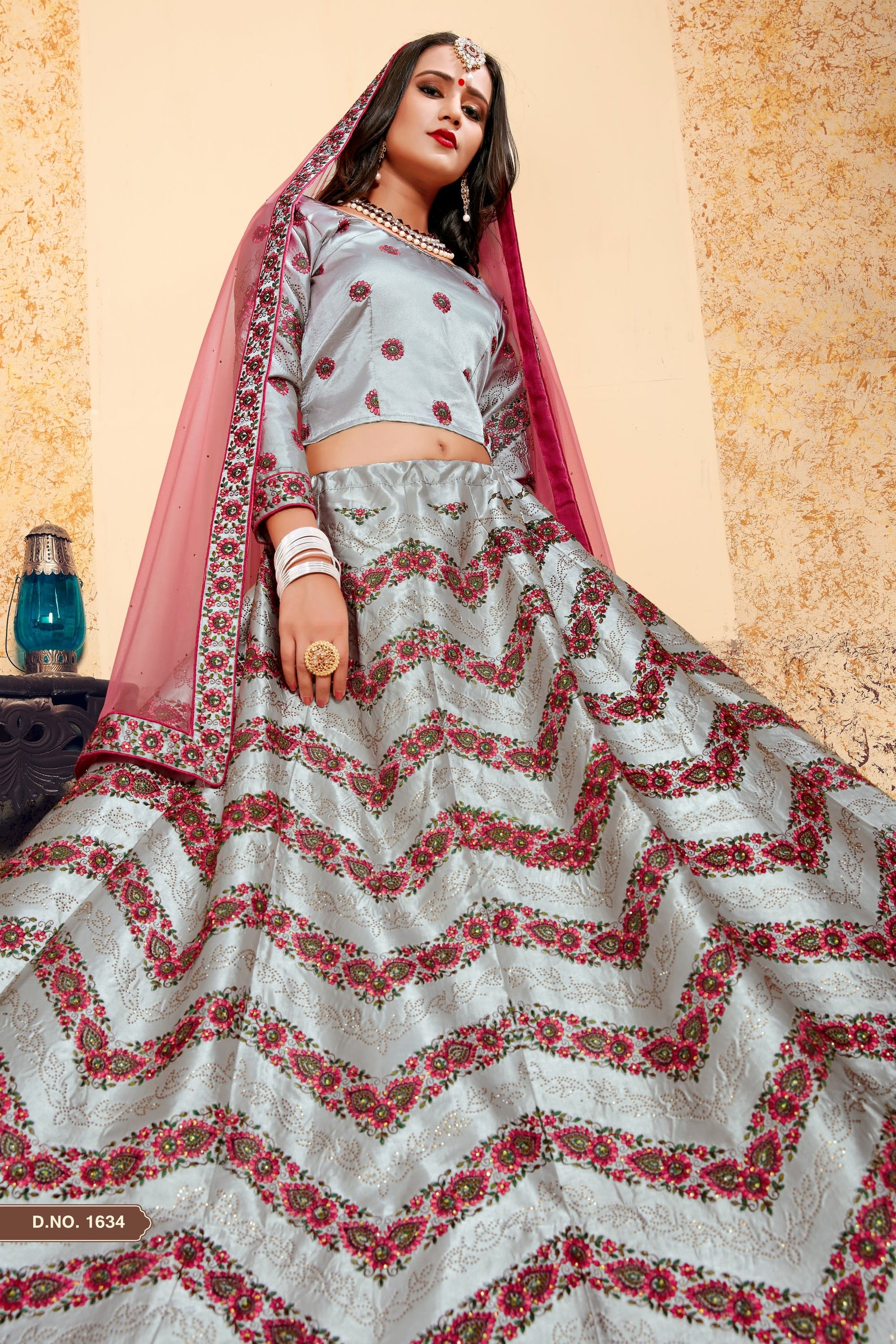 Grey Pakistani Satin Lehenga Choli For Indian Festivals & Weddings - Thread Embroidery Work, Stone Work, Swarovski Work