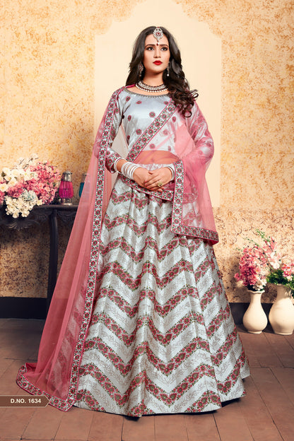 Grey Pakistani Satin Lehenga Choli For Indian Festivals & Weddings - Thread Embroidery Work, Stone Work, Swarovski Work