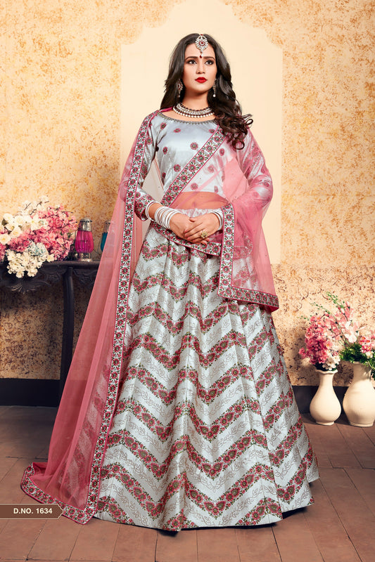 Grey Pakistani Satin Lehenga Choli For Indian Festivals & Weddings - Thread Embroidery Work, Stone Work, Swarovski Work