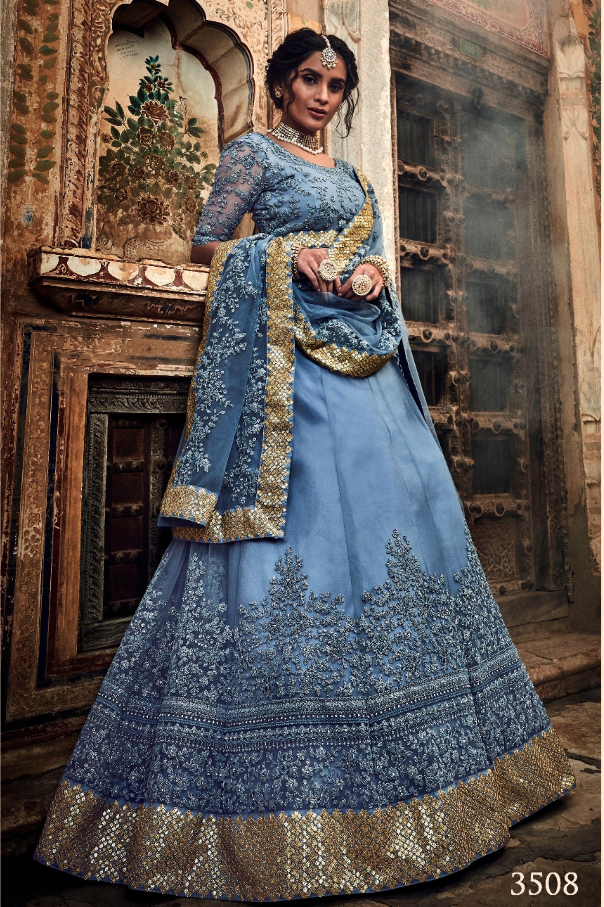 Grey Pakistani Net Lehenga Choli For Indian Festival & Weddings - , Dori Work