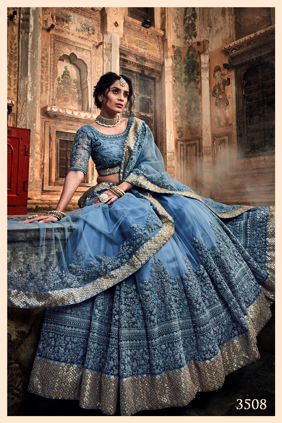 Grey Pakistani Net Lehenga Choli For Indian Festival & Weddings - , Dori Work