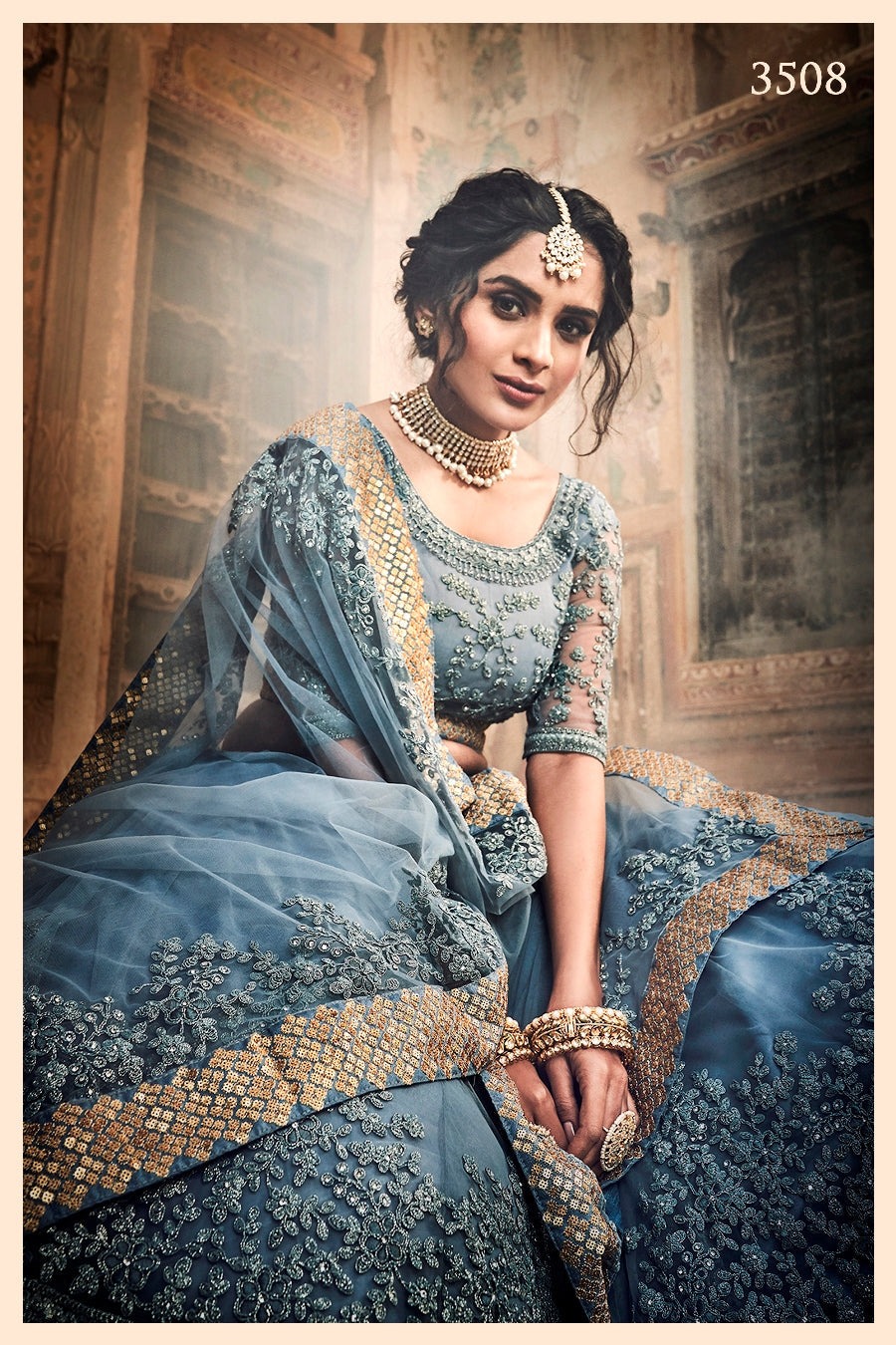 Grey Pakistani Net Lehenga Choli For Indian Festival & Weddings - , Dori Work