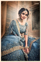 Grey Pakistani Net Lehenga Choli For Indian Festival & Weddings - , Dori Work