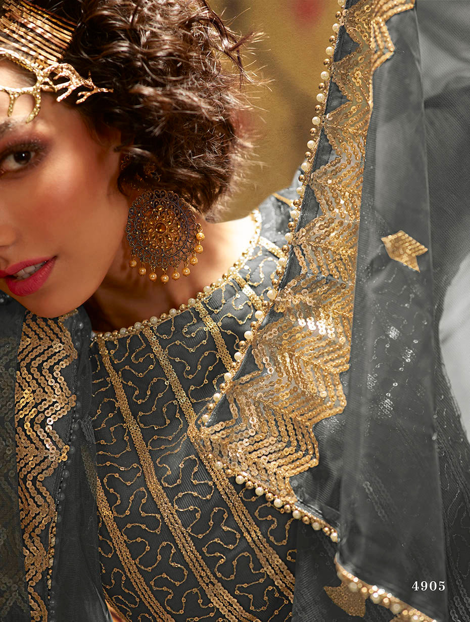 Grey Pakistani Net Sharara For Festivals & Indian Weddings - Sequence Embroidery Work,