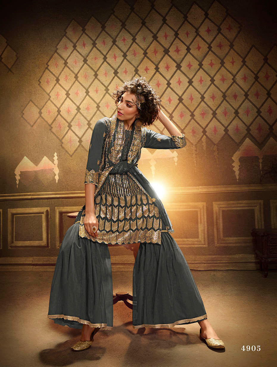 Grey Pakistani Net Sharara For Festivals & Indian Weddings - Sequence Embroidery Work,