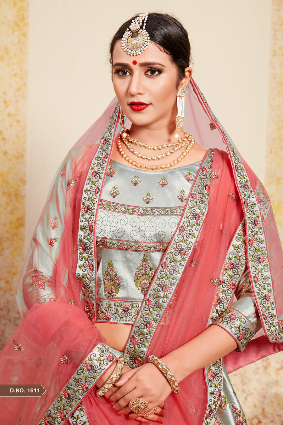 Grey Pakistani Satin Lehenga Choli For Indian Festivals & Weddings - Thread Embroidery Work, Stone Work, Swarovski Work