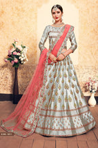 Grey Pakistani Satin Lehenga Choli For Indian Festivals & Weddings - Thread Embroidery Work, Stone Work, Swarovski Work