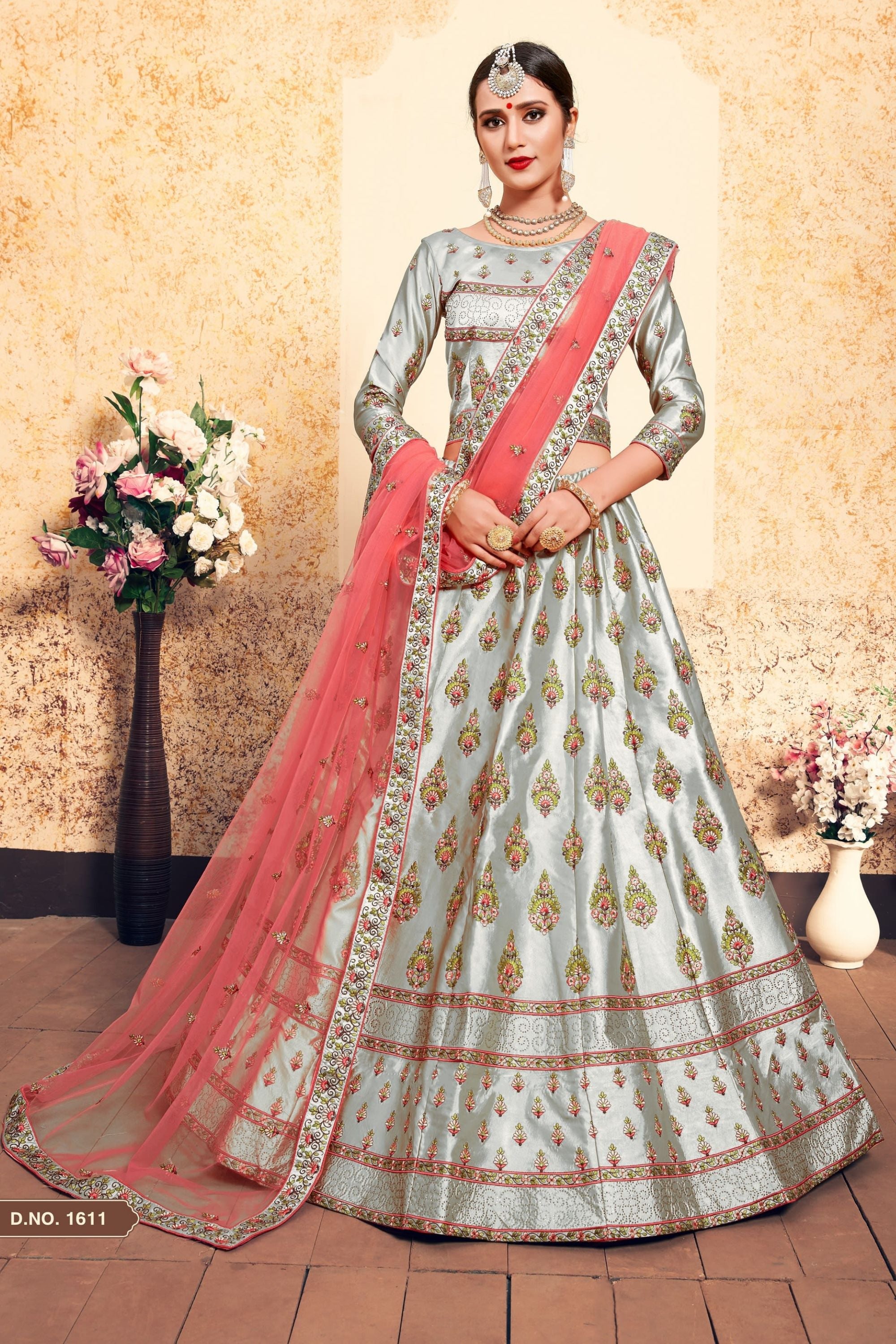 Grey Pakistani Satin Lehenga Choli For Indian Festivals & Weddings - Thread Embroidery Work, Stone Work, Swarovski Work