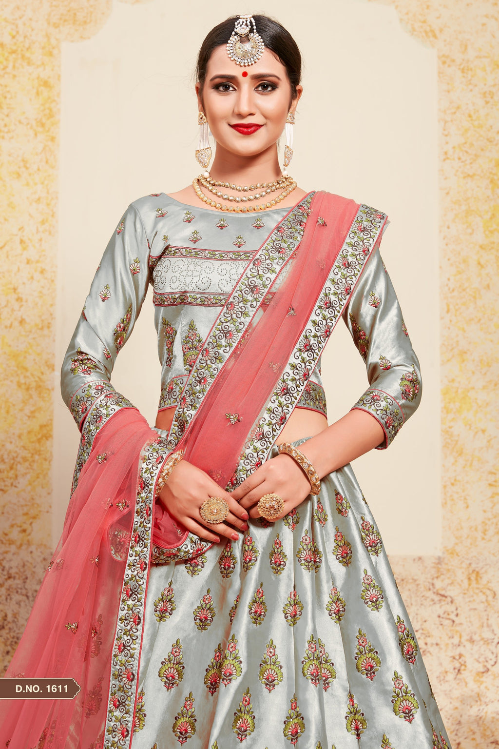 Grey Pakistani Satin Lehenga Choli For Indian Festivals & Weddings - Thread Embroidery Work, Stone Work, Swarovski Work