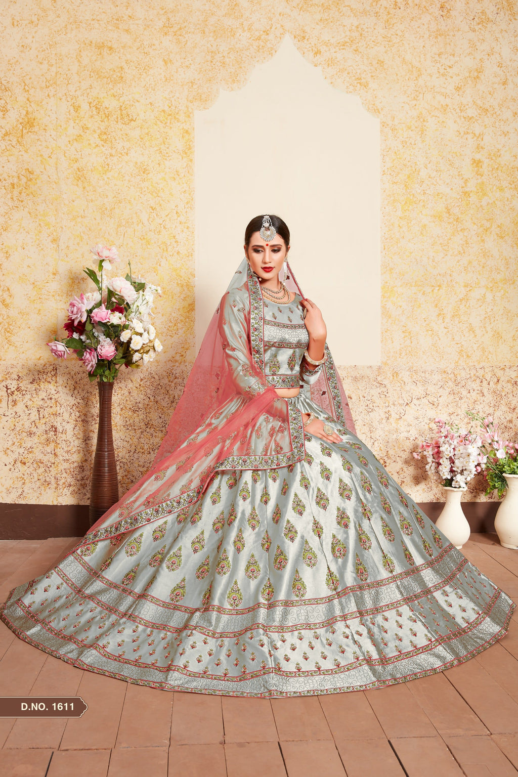 Grey Pakistani Satin Lehenga Choli For Indian Festivals & Weddings - Thread Embroidery Work, Stone Work, Swarovski Work