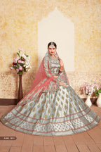 Grey Pakistani Satin Lehenga Choli For Indian Festivals & Weddings - Thread Embroidery Work, Stone Work, Swarovski Work