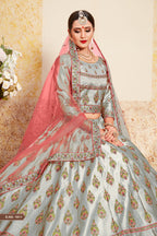 Grey Pakistani Satin Lehenga Choli For Indian Festivals & Weddings - Thread Embroidery Work, Stone Work, Swarovski Work