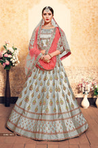 Grey Pakistani Satin Lehenga Choli For Indian Festivals & Weddings - Thread Embroidery Work, Stone Work, Swarovski Work