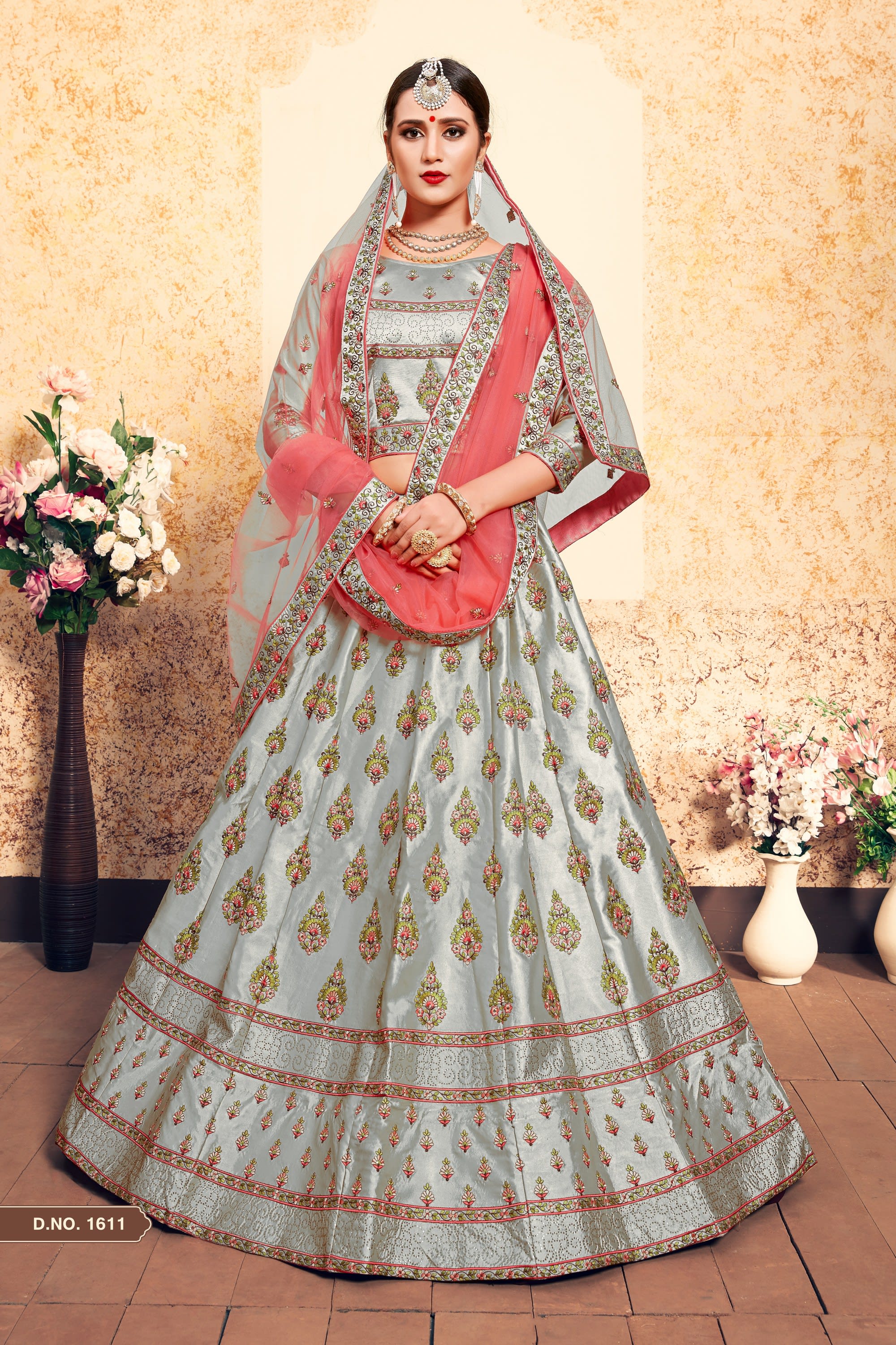 Grey Pakistani Satin Lehenga Choli For Indian Festivals & Weddings - Thread Embroidery Work, Stone Work, Swarovski Work