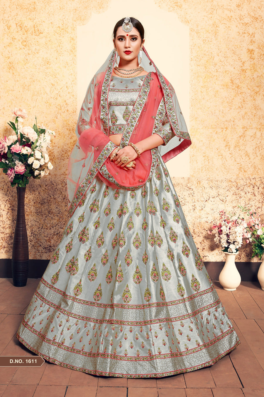 Grey Pakistani Satin Lehenga Choli For Indian Festivals & Weddings - Thread Embroidery Work, Stone Work, Swarovski Work
