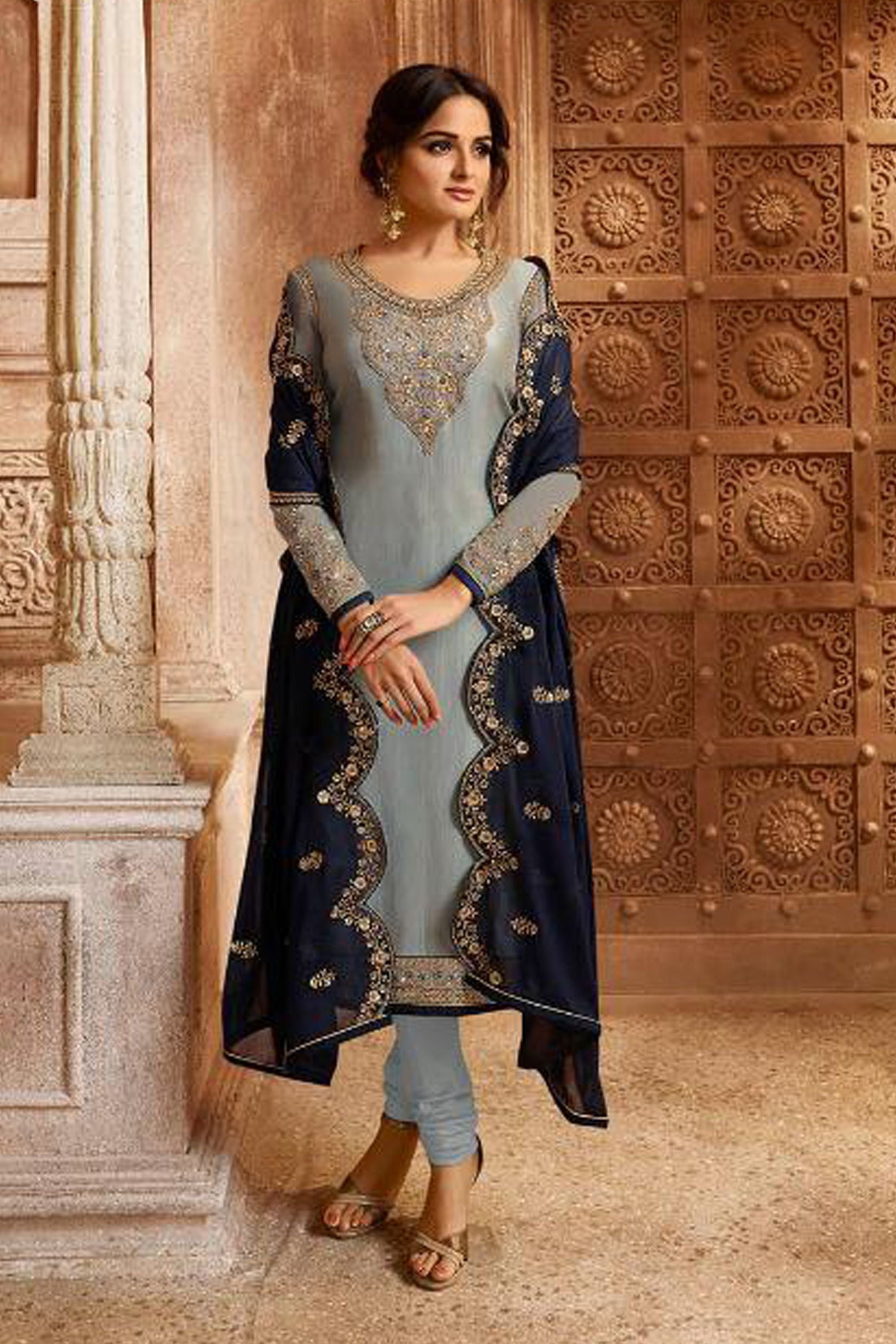 Light Gray Pakistani Satin Georgette Salwar Kameez For Wedding & Festival - Embroidery Work