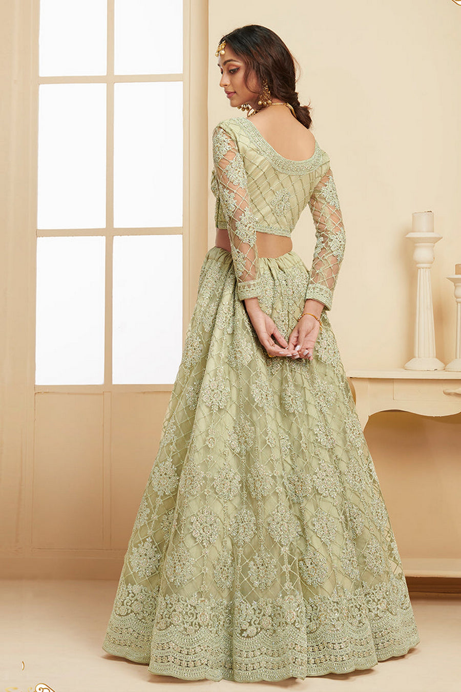 Light Green Pakistani Net Lehenga Choli For Indian Festivals & Weddings - Thread Embroidery Work, Codding Embroidery Work, Stone Work