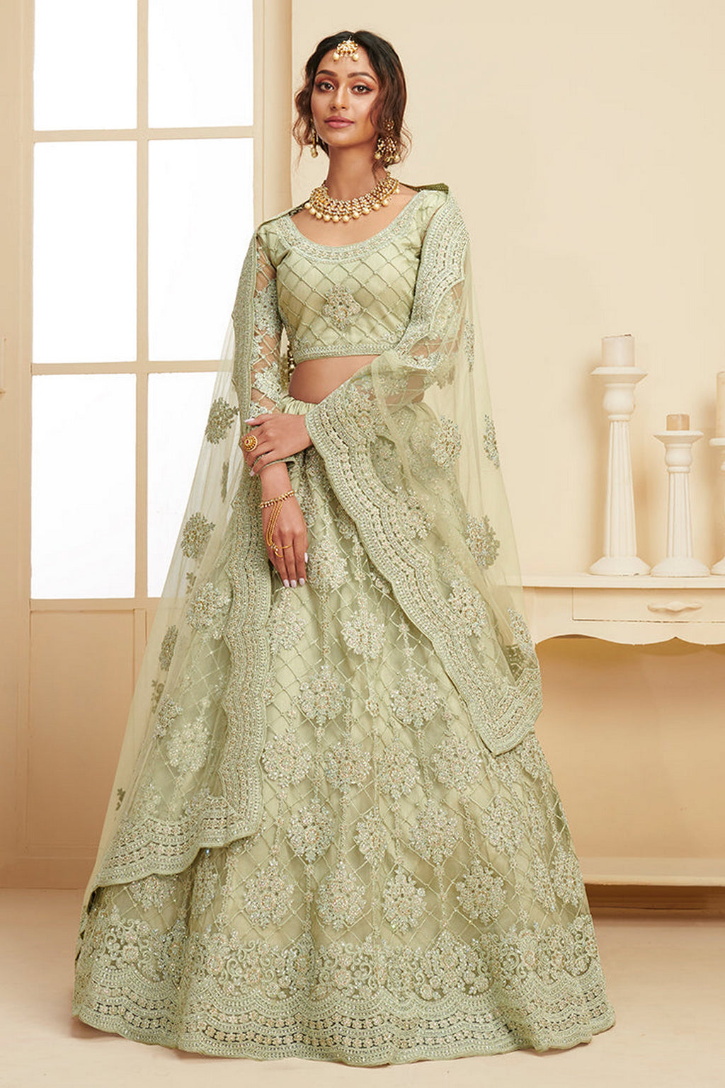 Light Green Pakistani Net Lehenga Choli For Indian Festivals & Weddings - Thread Embroidery Work, Codding Embroidery Work, Stone Work