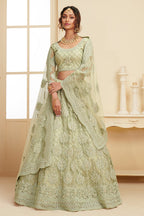 Light Green Pakistani Net Lehenga Choli For Indian Festivals & Weddings - Thread Embroidery Work, Codding Embroidery Work, Stone Work