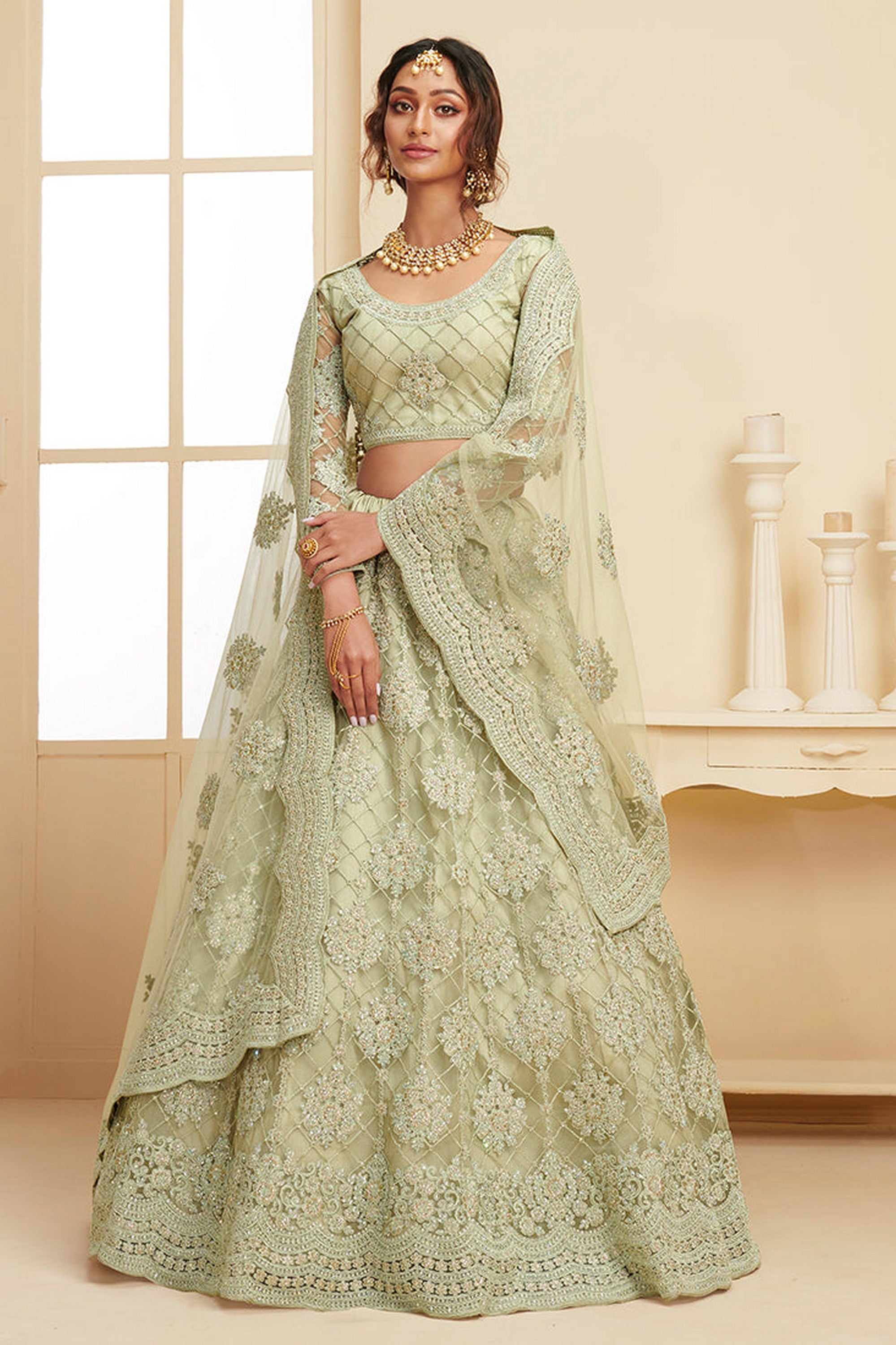 Light Green Pakistani Net Lehenga Choli For Indian Festivals & Weddings - Thread Embroidery Work, Codding Embroidery Work, Stone Work