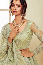 Light Green Pakistani Net Lehenga Choli For Indian Festivals & Weddings - Thread Embroidery Work, Codding Embroidery Work, Stone Work