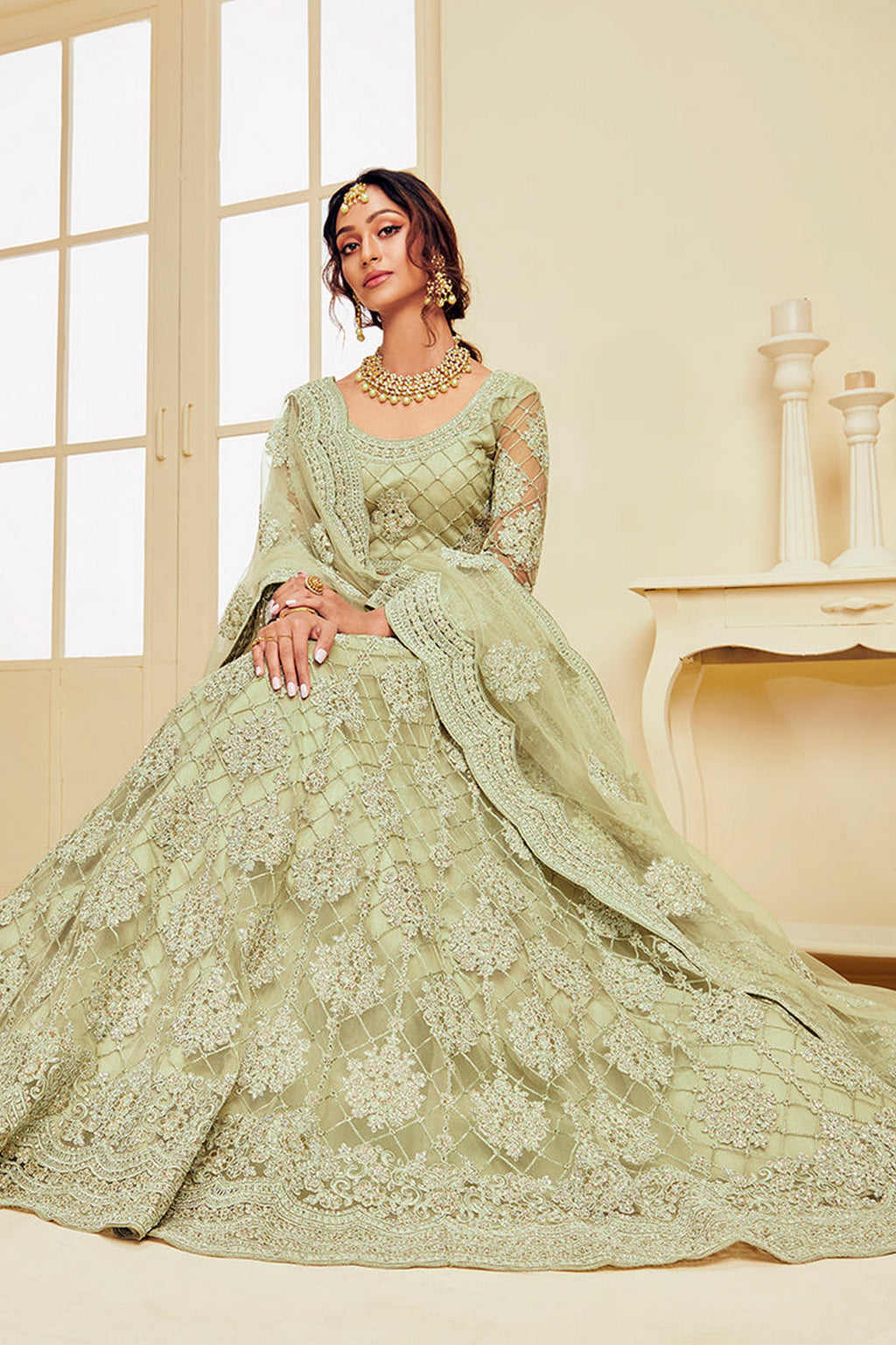 Light Green Pakistani Net Lehenga Choli For Indian Festivals & Weddings - Thread Embroidery Work, Codding Embroidery Work, Stone Work