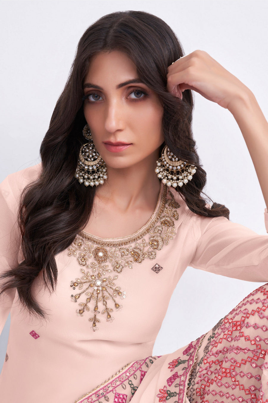 Peach Pakistani Georgette Sharara For Indian Festivals & Weddings - Sequence Embroidery Work, Thread Embroidery Work, Khatli Work, Zari Work