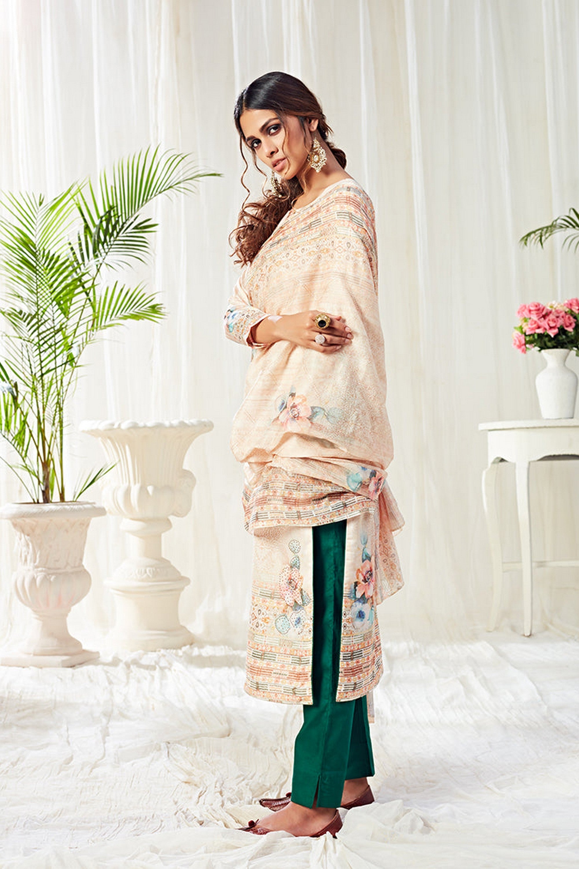 Light Cream Pakistani Cotton Salwar Kameez For Indian Festivals & Weddings - Print Work, Sequence Embroidery Work,