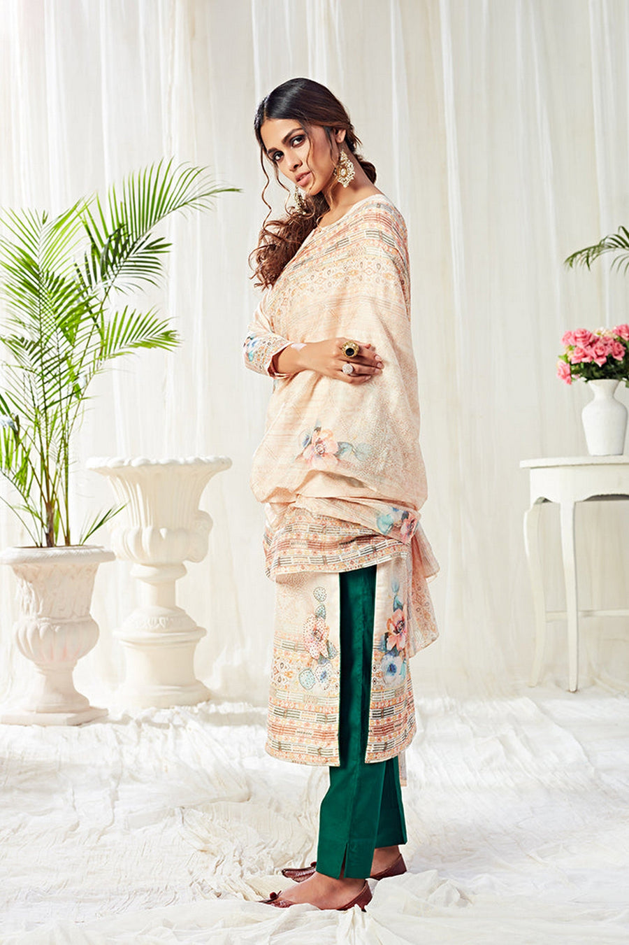 Light Cream Pakistani Cotton Salwar Kameez For Indian Festivals & Weddings - Print Work, Sequence Embroidery Work,