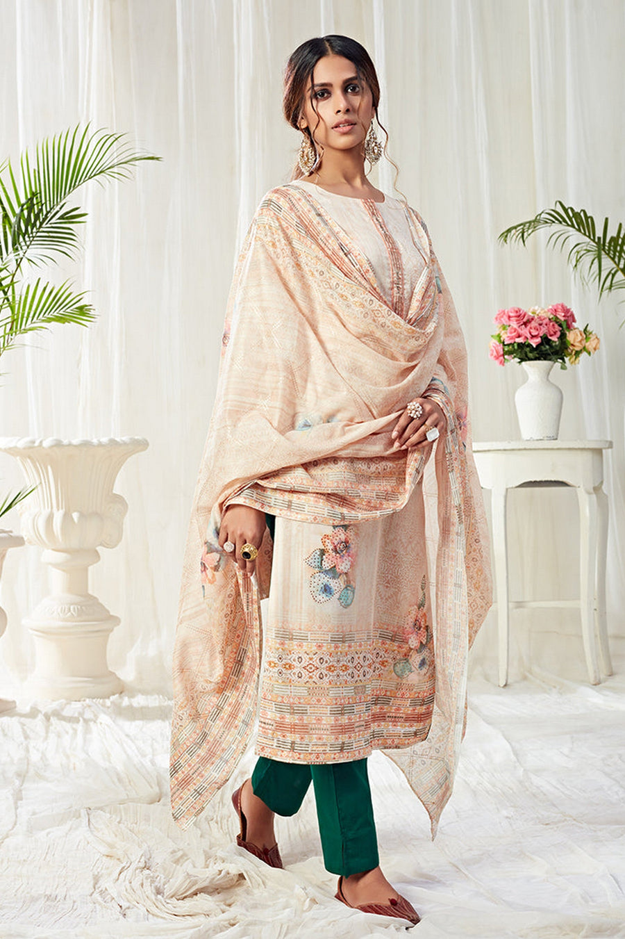 Light Cream Pakistani Cotton Salwar Kameez For Indian Festivals & Weddings - Print Work, Sequence Embroidery Work,
