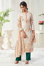 Light Cream Pakistani Cotton Salwar Kameez For Indian Festivals & Weddings - Print Work, Sequence Embroidery Work,