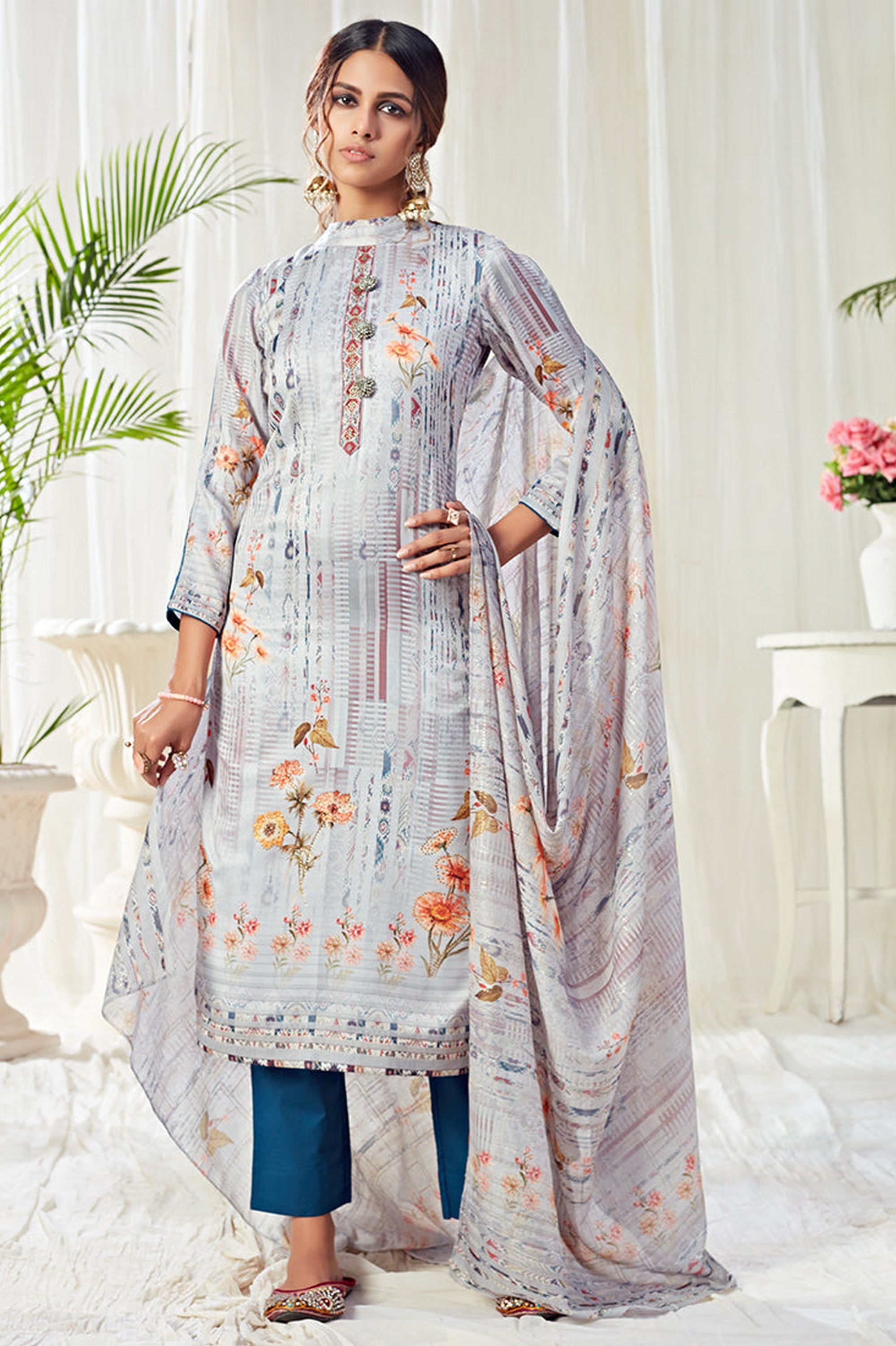 Light Gray Pakistani Cotton Salwar Kameez For Indian Festivals & Weddings - Print Work, Sequence Embroidery Work,