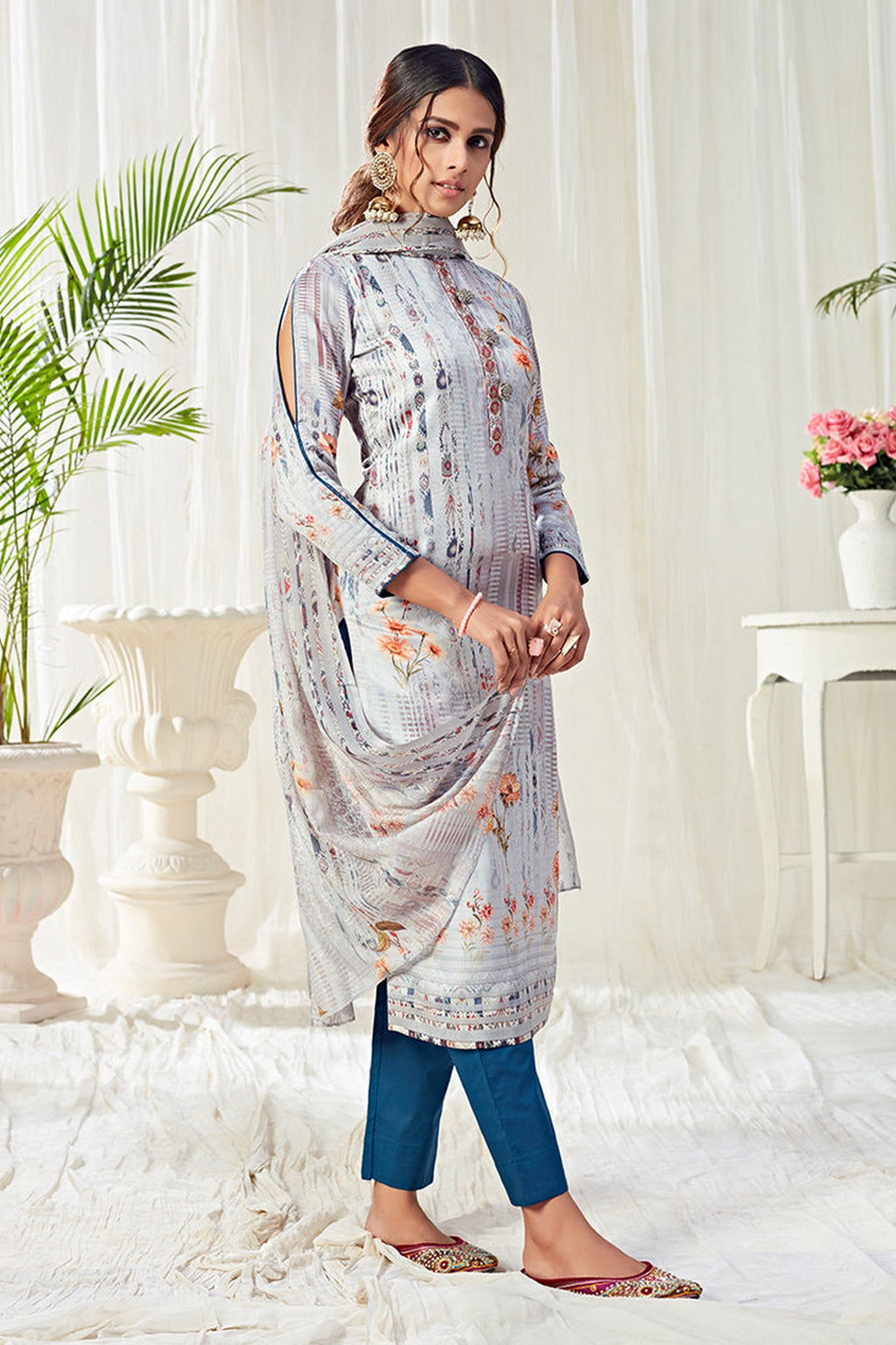 Light Gray Pakistani Cotton Salwar Kameez For Indian Festivals & Weddings - Print Work, Sequence Embroidery Work,