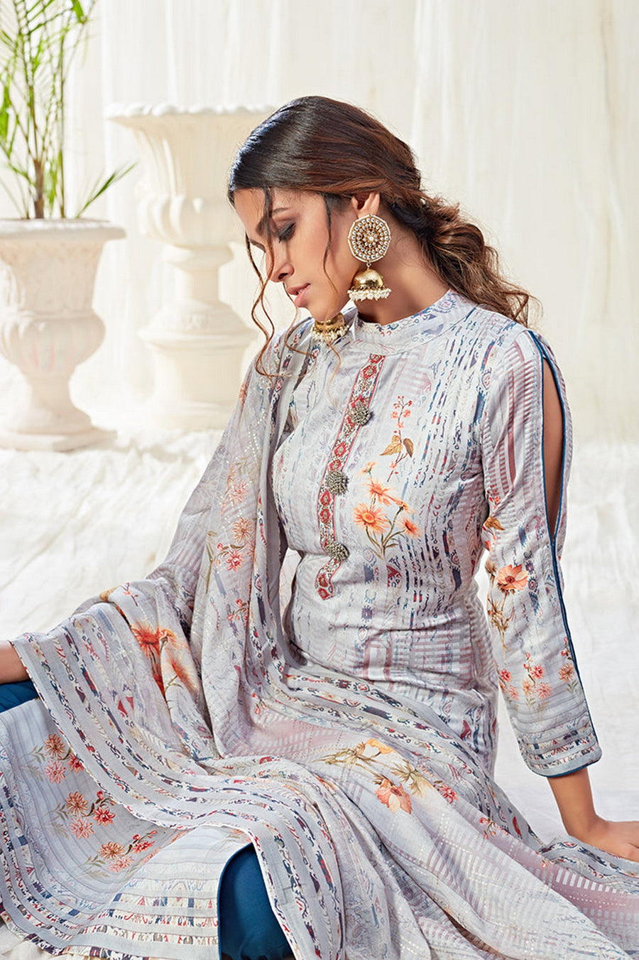 Light Gray Pakistani Cotton Salwar Kameez For Indian Festivals & Weddings - Print Work, Sequence Embroidery Work,