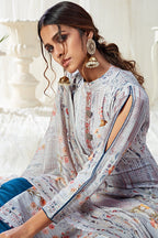 Light Gray Pakistani Cotton Salwar Kameez For Indian Festivals & Weddings - Print Work, Sequence Embroidery Work,