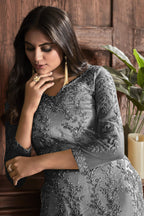 Light Gray Pakistani Net Salwar Kameez For Wedding & Festival - Embroidery Work
