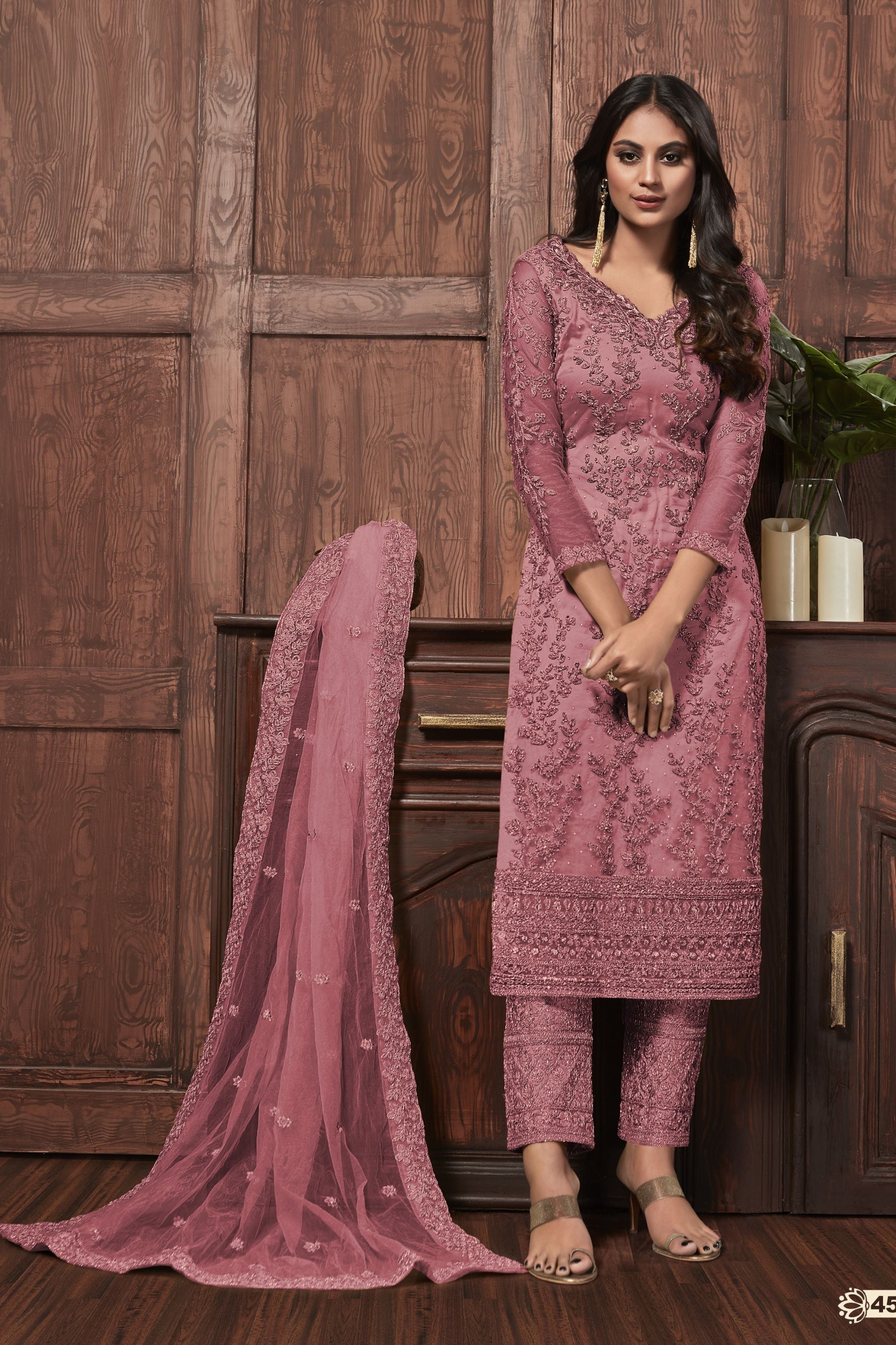 Light Gray Pakistani Net Salwar Kameez For Wedding & Festival - Embroidery Work